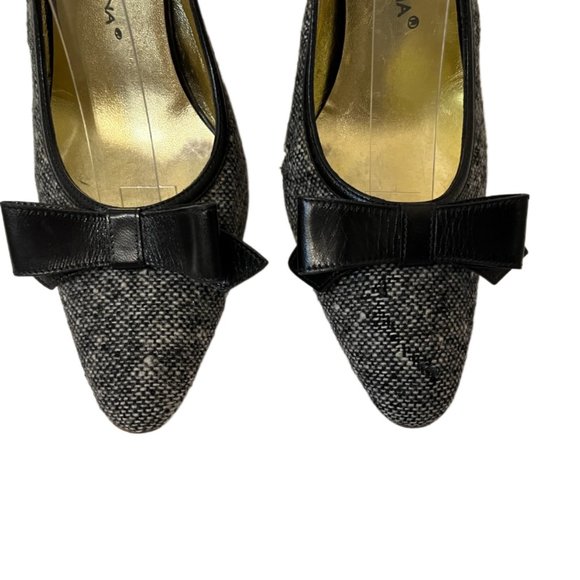 Dolce & Gabbana Black & Gray Tweed Slingback Heels Black Bow Wooden Heels Size 6 - Picture 7 of 13